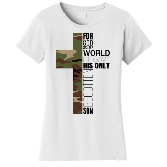 Green Camo Christian Cross Gifts John 316 Bible Verse Women's T-Shirt