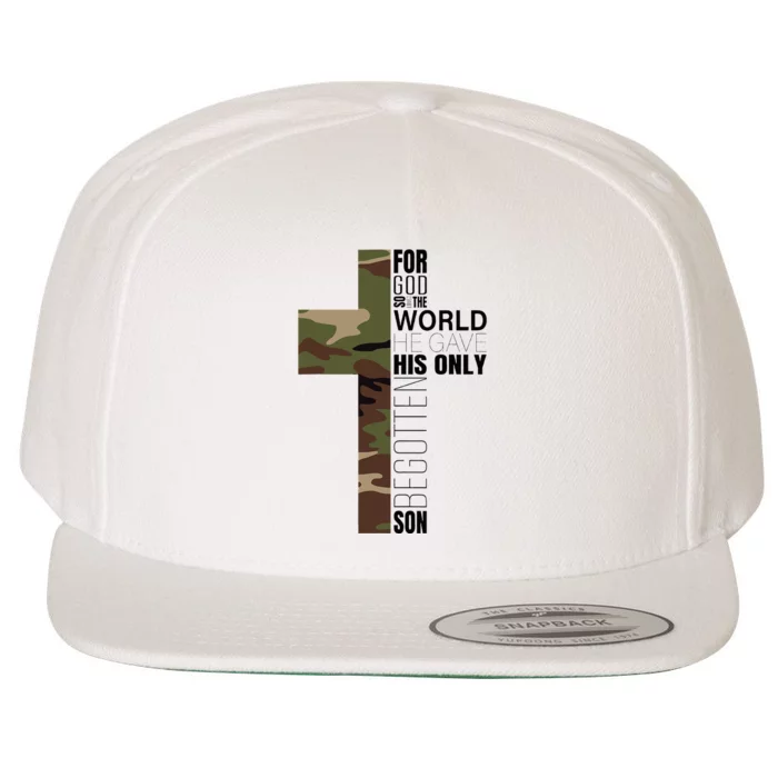 Green Camo Christian Cross Gifts John 316 Bible Verse Wool Snapback Cap