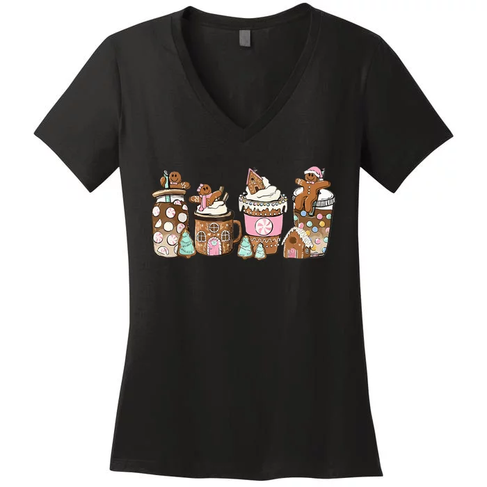 Gingerbread Christmas Coffee Lover Latte Drink Funny Xmas Women's V-Neck T-Shirt