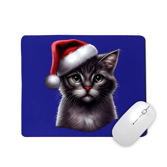 Grey Christmas Cute Cat Kitten Wearing Xmas SantaS Hat Funny Gift Mousepad