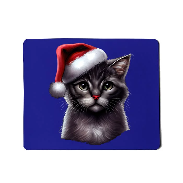 Grey Christmas Cute Cat Kitten Wearing Xmas SantaS Hat Funny Gift Mousepad