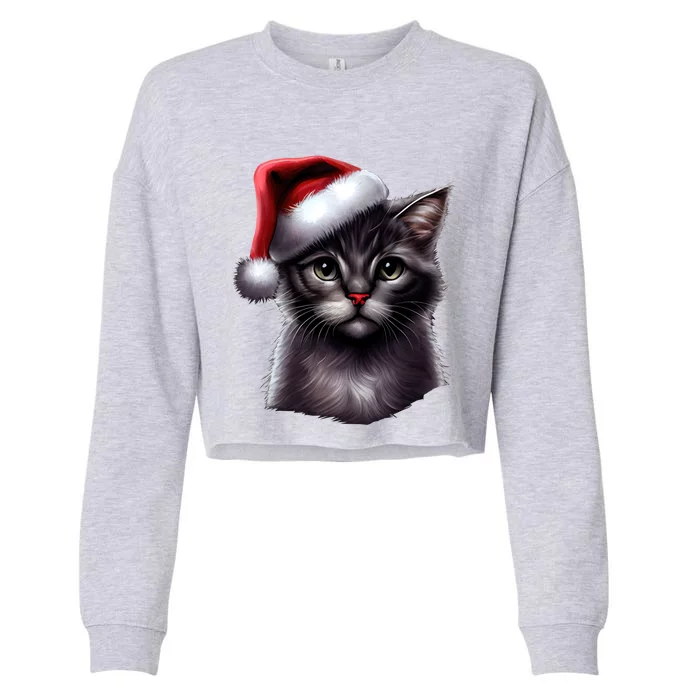 Grey Christmas Cute Cat Kitten Wearing Xmas SantaS Hat Funny Gift Cropped Pullover Crew