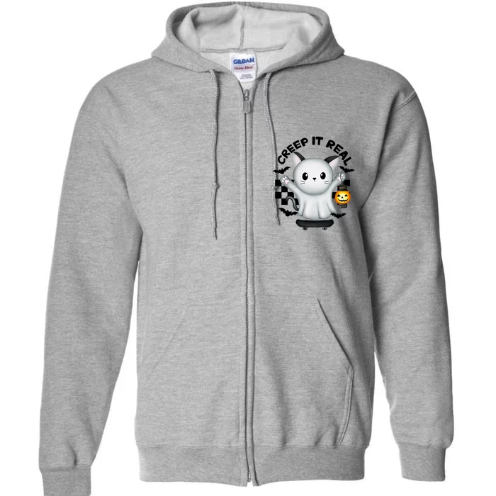 Ghost Cat Creep It Real Skateboarding Ghost Retro Halloween Gift Full Zip Hoodie