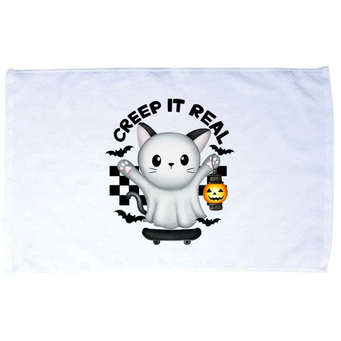 Ghost Cat Creep It Real Skateboarding Ghost Retro Halloween Gift Microfiber Hand Towel