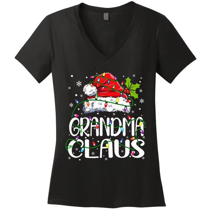 Grandma Claus Christmas Lights Pajama Family Matching Women's V-Neck T-Shirt