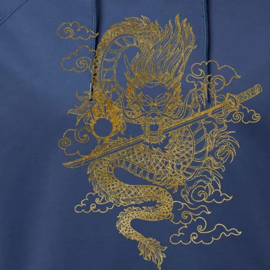 Gold Chinese Dragon With Black Background Performance Fleece Hoodie