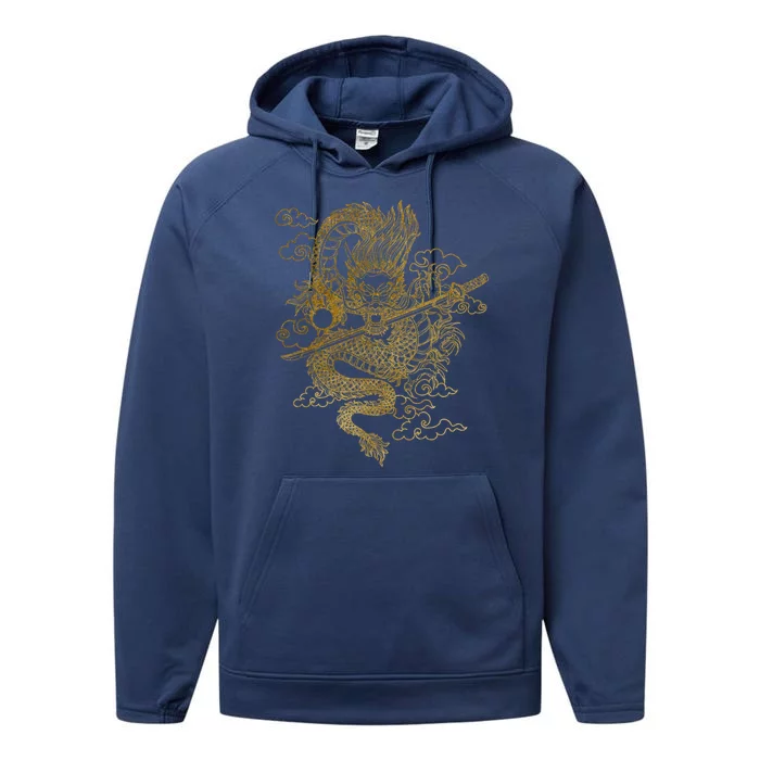 Gold Chinese Dragon With Black Background Performance Fleece Hoodie