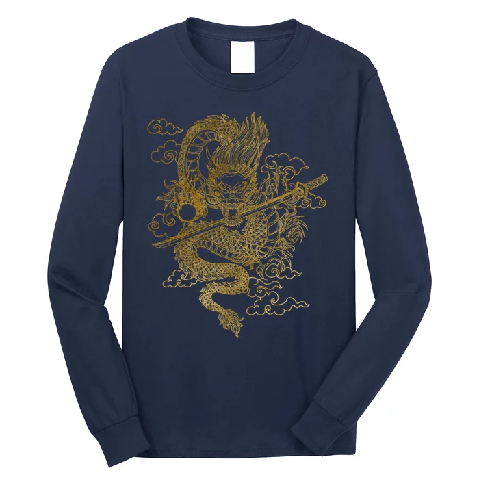 Gold Chinese Dragon With Black Background Long Sleeve Shirt