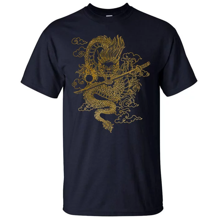 Gold Chinese Dragon With Black Background Tall T-Shirt