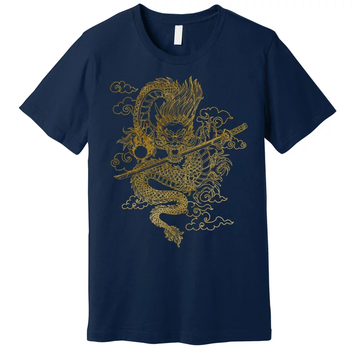 Gold Chinese Dragon With Black Background Premium T-Shirt