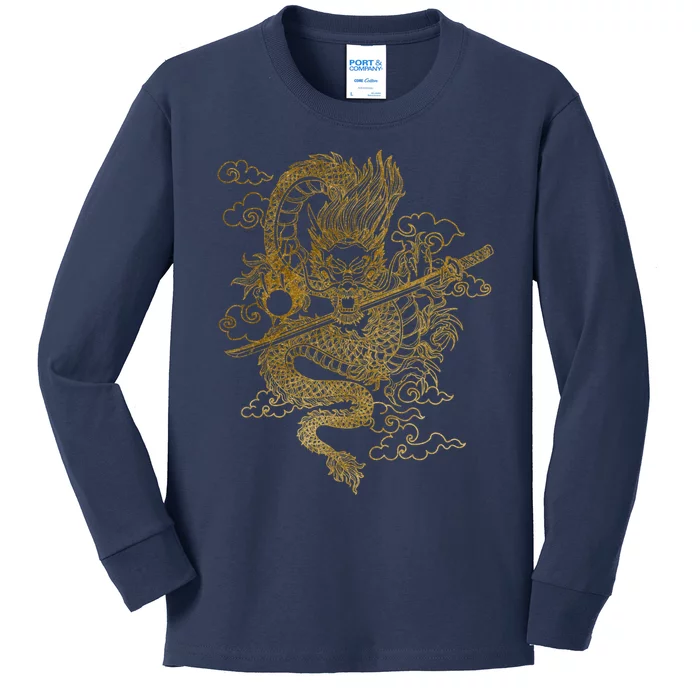 Gold Chinese Dragon With Black Background Kids Long Sleeve Shirt