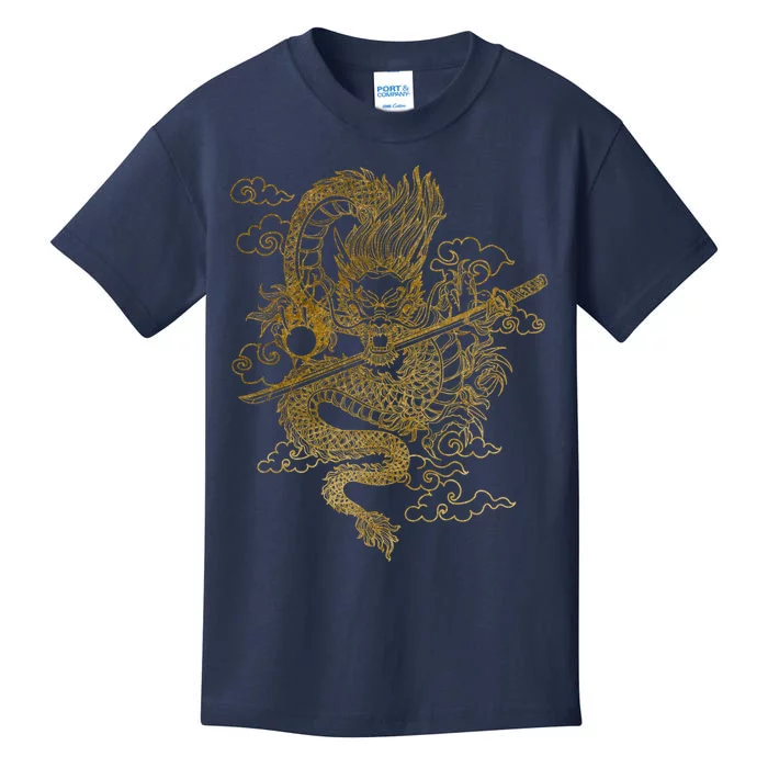 Gold Chinese Dragon With Black Background Kids T-Shirt