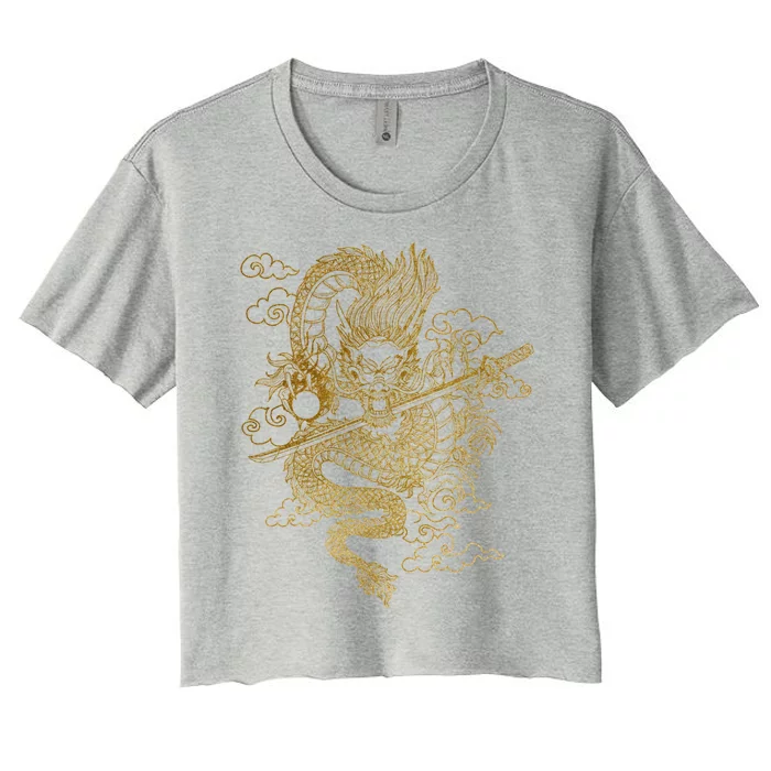 Gold Chinese Dragon With Black Background Women's Crop Top Tee