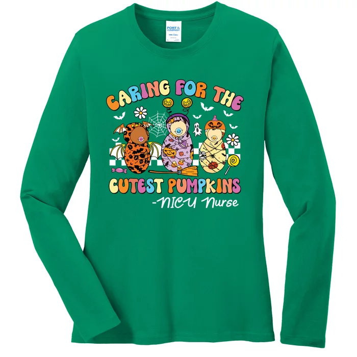 Groovy Caring For The Cutest Pumpkins Nicu Nurse Halloween Ladies Long Sleeve Shirt