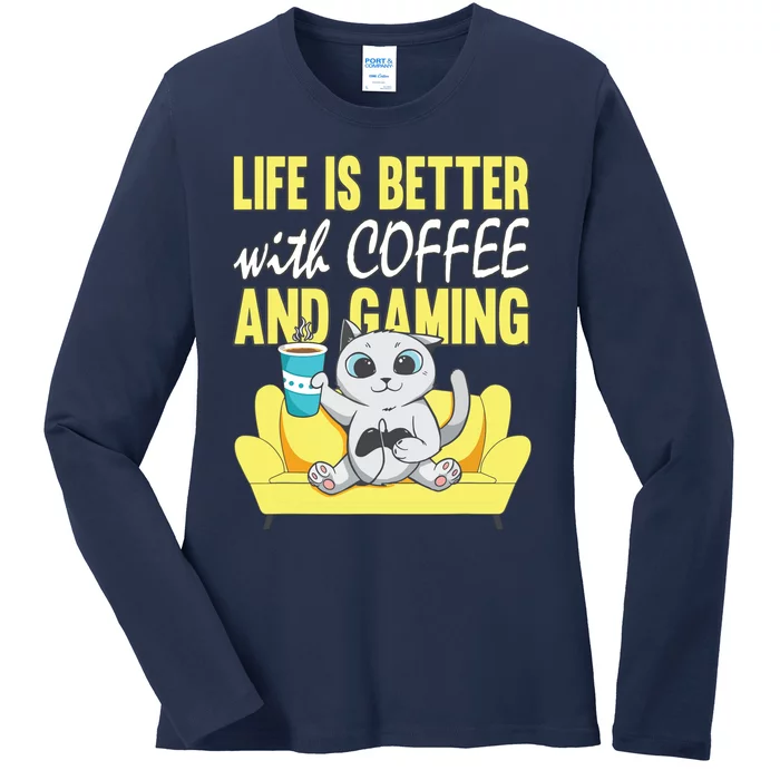 Gaming Cat Funny Coffee Fan Video Games Cat Lovers Ladies Long Sleeve Shirt