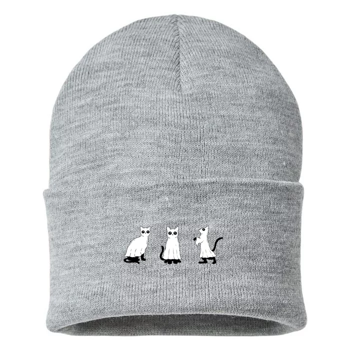 Ghost Cats Funny Halloween Sustainable Knit Beanie