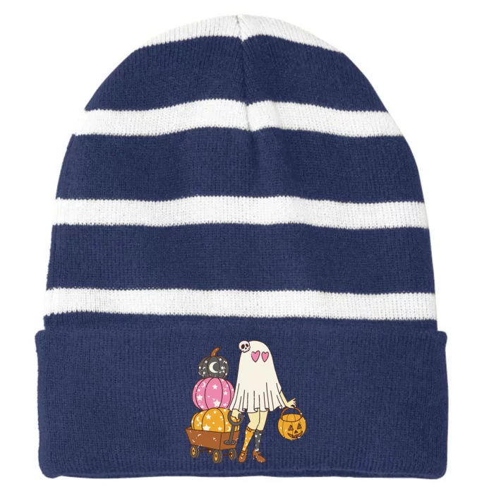 Groovy Cute Ghost Floral Spooky Vibes Hippie Halloween Striped Beanie with Solid Band