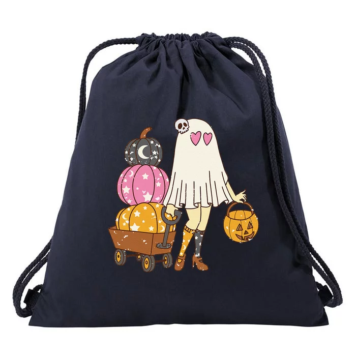 Groovy Cute Ghost Floral Spooky Vibes Hippie Halloween Drawstring Bag