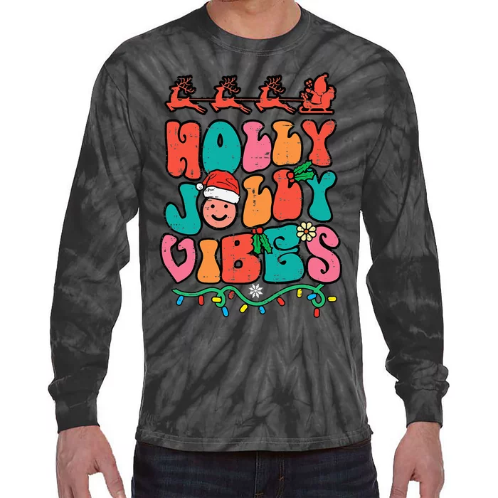 Groovy Christmas Jolly Holly Vibes Retro Xmas Tie-Dye Long Sleeve Shirt