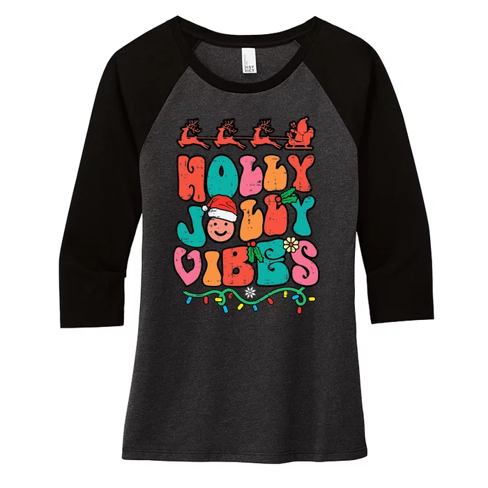 Groovy Christmas Jolly Holly Vibes Retro Xmas Women's Tri-Blend 3/4-Sleeve Raglan Shirt