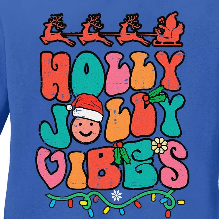 Groovy Christmas Jolly Holly Vibes Retro Xmas Funny Funny Ladies Long Sleeve Shirt