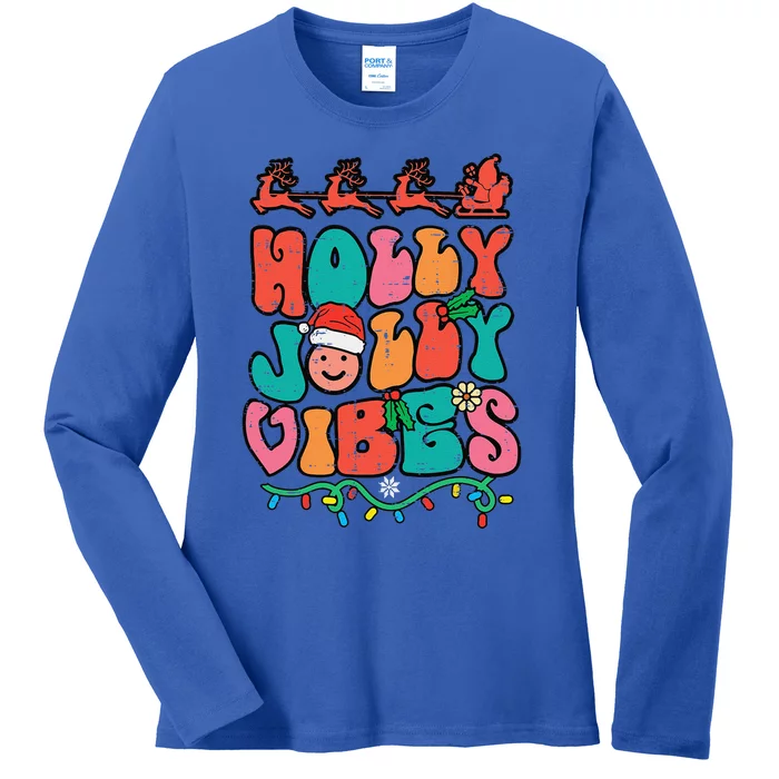 Groovy Christmas Jolly Holly Vibes Retro Xmas Funny Funny Ladies Long Sleeve Shirt