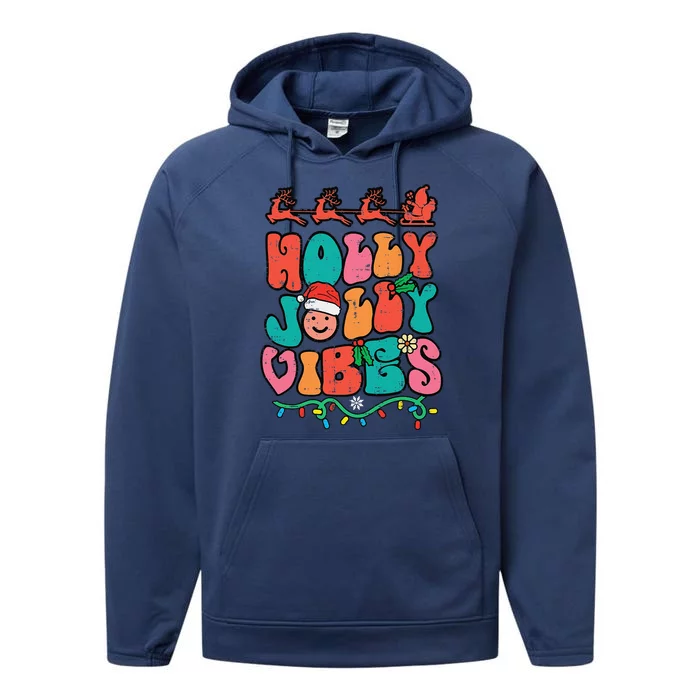 Groovy Christmas Jolly Holly Vibes Retro Xmas Funny Funny Performance Fleece Hoodie