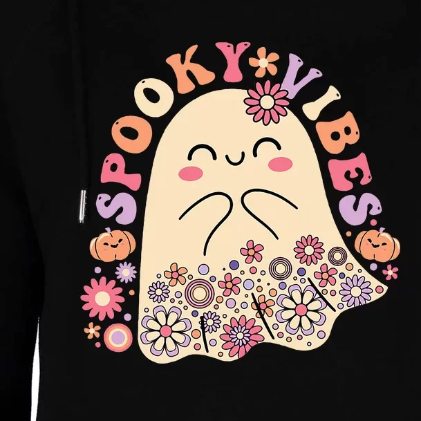 Groovy Cute Kawaii Ghost Floral Spooky Vibes Hippie Pumpkin Womens Funnel Neck Pullover Hood