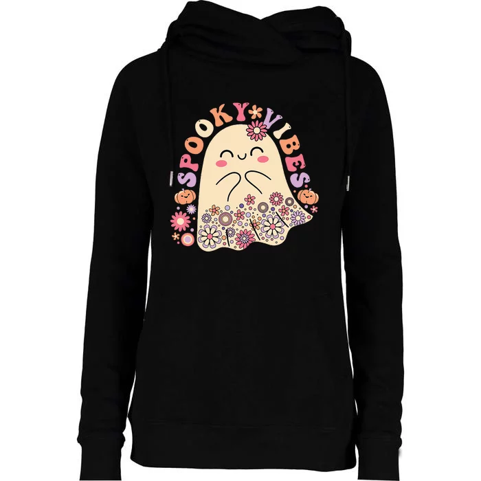 Groovy Cute Kawaii Ghost Floral Spooky Vibes Hippie Pumpkin Womens Funnel Neck Pullover Hood