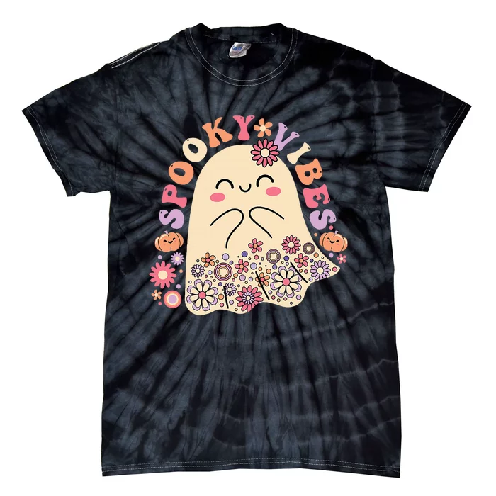 Groovy Cute Kawaii Ghost Floral Spooky Vibes Hippie Pumpkin Tie-Dye T-Shirt