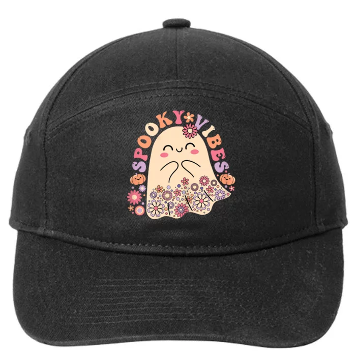 Groovy Cute Kawaii Ghost Floral Spooky Vibes Hippie Pumpkin 7-Panel Snapback Hat