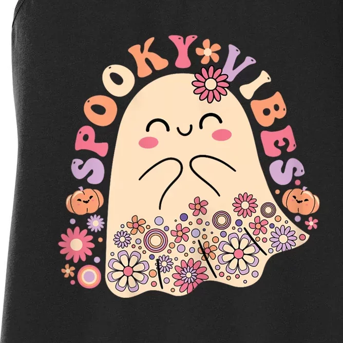 Groovy Cute Kawaii Ghost Floral Spooky Vibes Hippie Pumpkin Women's Racerback Tank