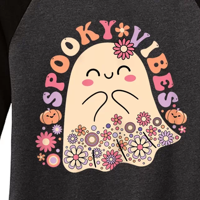 Groovy Cute Kawaii Ghost Floral Spooky Vibes Hippie Pumpkin Women's Tri-Blend 3/4-Sleeve Raglan Shirt