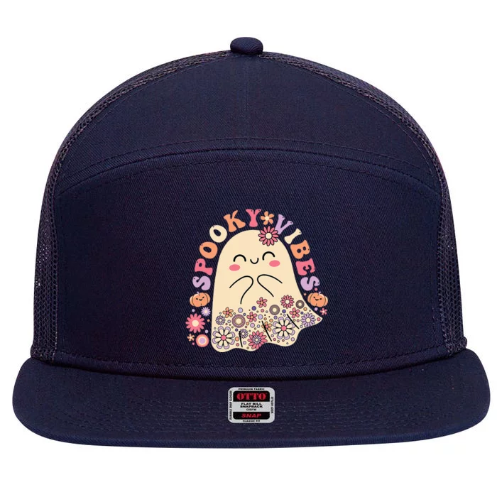 Groovy Cute Kawaii Ghost Floral Spooky Vibes Hippie Pumpkin 7 Panel Mesh Trucker Snapback Hat