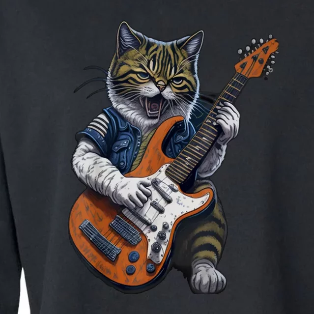 Guitar Cat Lover Graphic Funny Cat Playing Cats Kitten Lover Gift Cropped Pullover Crew