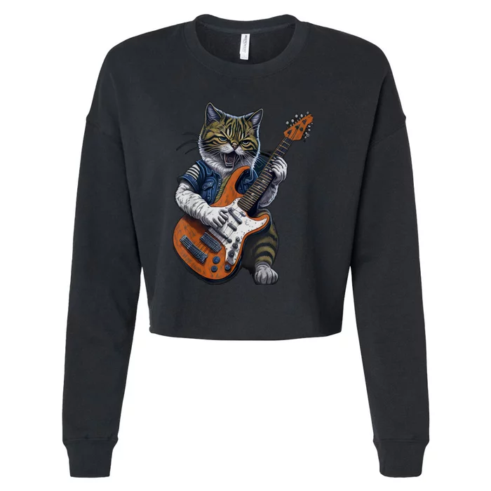 Guitar Cat Lover Graphic Funny Cat Playing Cats Kitten Lover Gift Cropped Pullover Crew