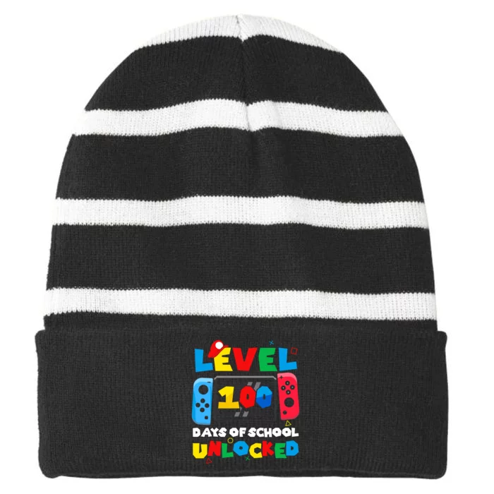 Game Controller Level 100 Days Of School Unlocked Striped Beanie with Solid Band