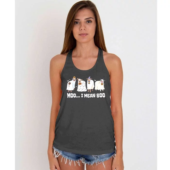 Ghost Cows Moo I Mean Boo Spooky Cow Halloween Women's Knotted Racerback Tank