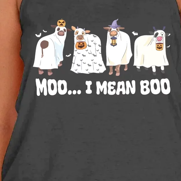 Ghost Cows Moo I Mean Boo Spooky Cow Halloween Women's Knotted Racerback Tank