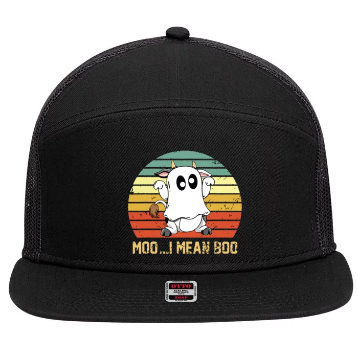 Ghost Cow Moo I Mean Boo Halloween Funny Cow Lover 7 Panel Mesh Trucker Snapback Hat