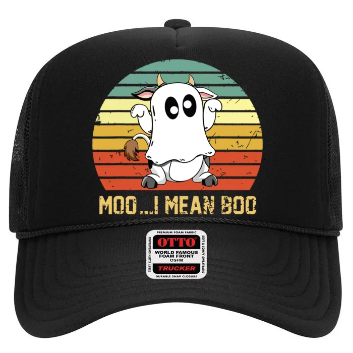 Ghost Cow Moo I Mean Boo Halloween Funny Cow Lover High Crown Mesh Trucker Hat