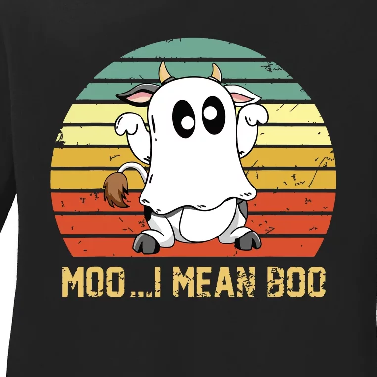 Ghost Cow Moo I Mean Boo Halloween Funny Cow Lover Ladies Long Sleeve Shirt