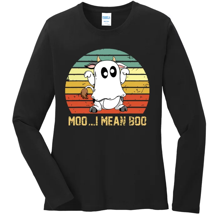 Ghost Cow Moo I Mean Boo Halloween Funny Cow Lover Ladies Long Sleeve Shirt