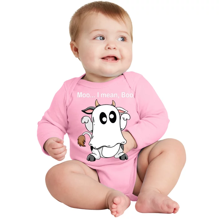 Ghost Cow Moo I Mean Boo Halloween Outfit Funny Cow Lover Baby Long Sleeve Bodysuit