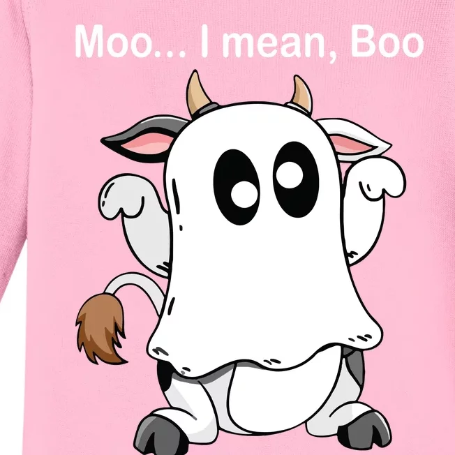 Ghost Cow Moo I Mean Boo Halloween Outfit Funny Cow Lover Baby Long Sleeve Bodysuit