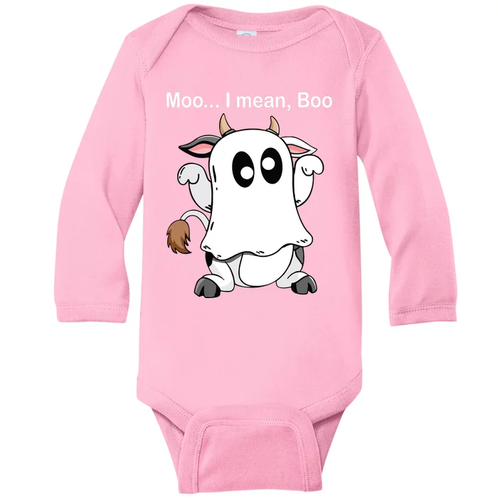 Ghost Cow Moo I Mean Boo Halloween Outfit Funny Cow Lover Baby Long Sleeve Bodysuit