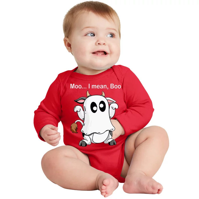 Ghost Cow Moo I Mean Boo Halloween Outfit Funny Cow Lover Baby Long Sleeve Bodysuit