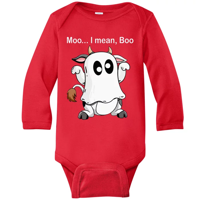 Ghost Cow Moo I Mean Boo Halloween Outfit Funny Cow Lover Baby Long Sleeve Bodysuit