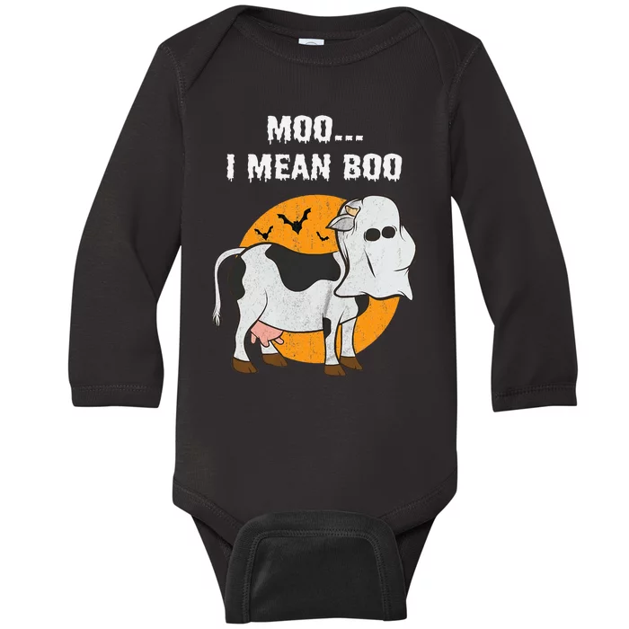 Ghost Cow Moo I Mean Boo Halloween Baby Long Sleeve Bodysuit