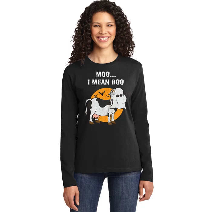 Ghost Cow Moo I Mean Boo Halloween Ladies Long Sleeve Shirt